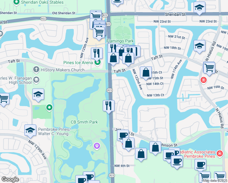 map of restaurants, bars, coffee shops, grocery stores, and more near 12387 Northwest 13th Court in Pembroke Pines