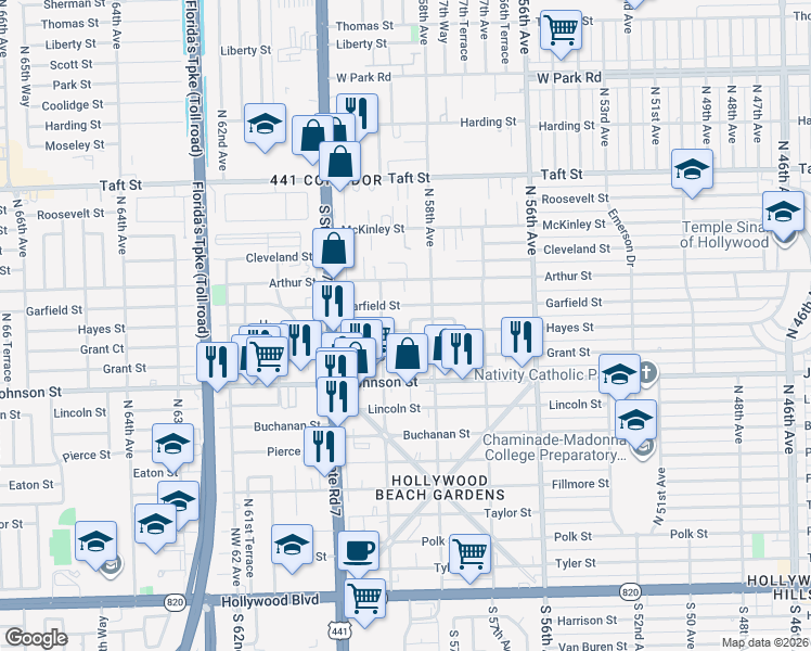 map of restaurants, bars, coffee shops, grocery stores, and more near 5829 Hayes Street in Hollywood