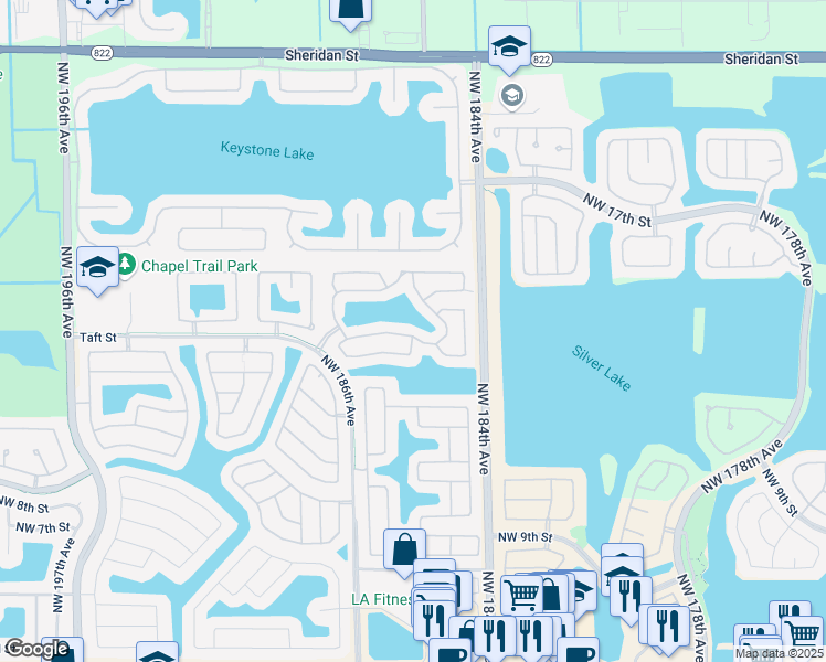 map of restaurants, bars, coffee shops, grocery stores, and more near 1821 Northwest 185th Avenue in Pembroke Pines