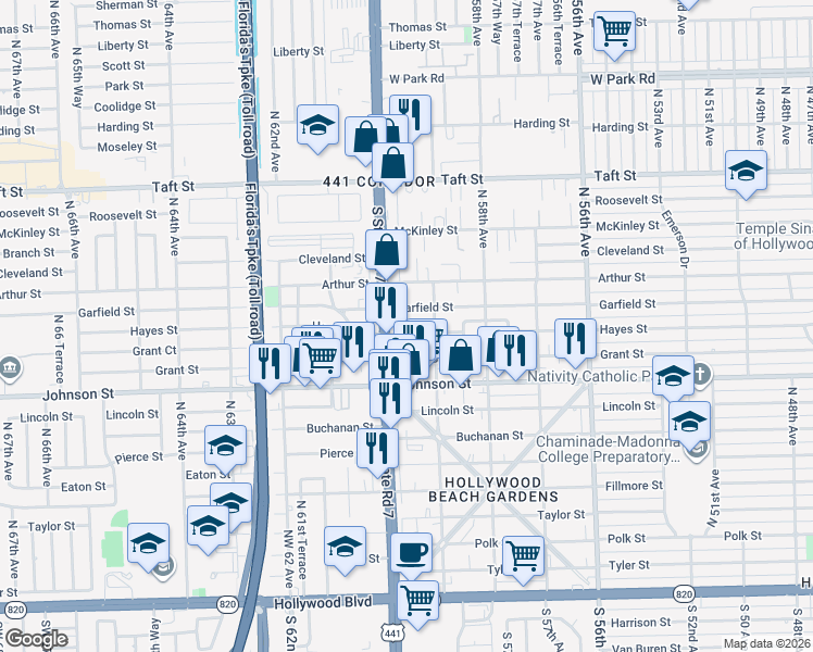 map of restaurants, bars, coffee shops, grocery stores, and more near 5910 Garfield Street in Hollywood
