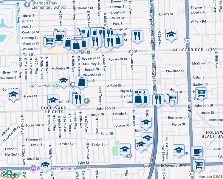 map of restaurants, bars, coffee shops, grocery stores, and more near 6531 Garfield Street in Hollywood