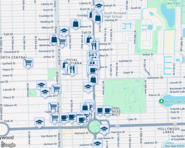 map of restaurants, bars, coffee shops, grocery stores, and more near 1050 South Federal Highway in Hollywood