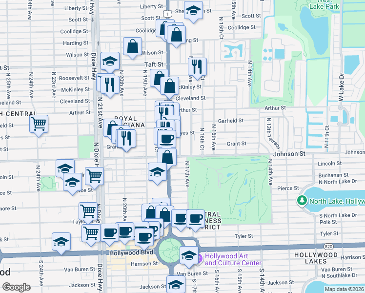 map of restaurants, bars, coffee shops, grocery stores, and more near 1025 North 17th Court in Hollywood