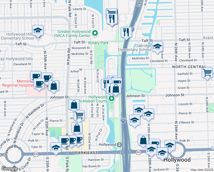 map of restaurants, bars, coffee shops, grocery stores, and more near 3046 Hayes Street in Hollywood