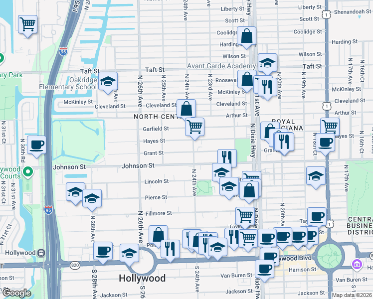 map of restaurants, bars, coffee shops, grocery stores, and more near 2418 Hayes Street in Hollywood