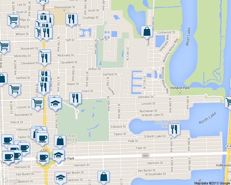 map of restaurants, bars, coffee shops, grocery stores, and more near 1008 North 13th Avenue in Hollywood