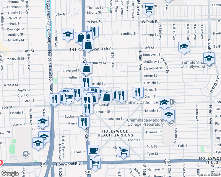 map of restaurants, bars, coffee shops, grocery stores, and more near 5832 Garfield Street in Hollywood