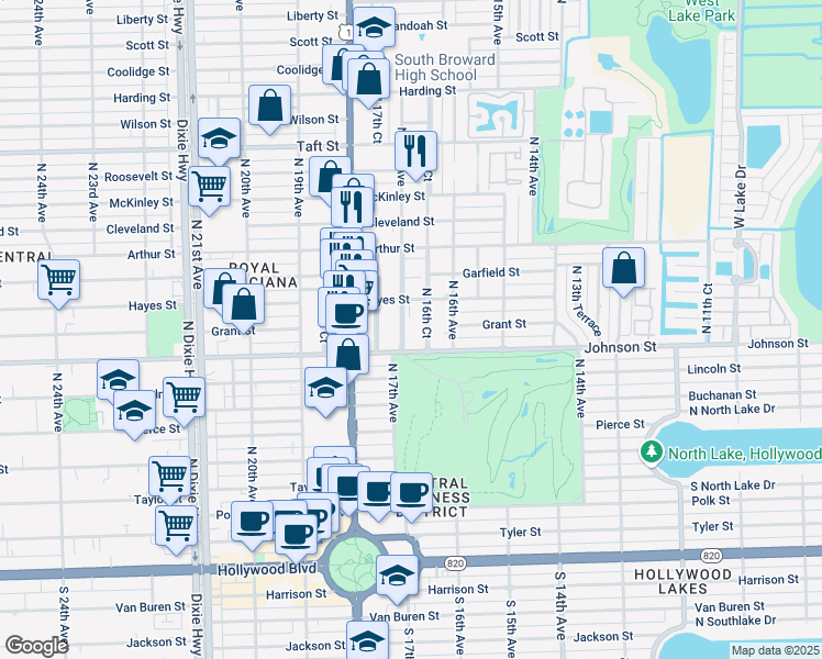 map of restaurants, bars, coffee shops, grocery stores, and more near 1018-1022 North 16th Avenue in Hollywood