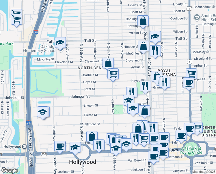 map of restaurants, bars, coffee shops, grocery stores, and more near 2418 Hayes Street in Hollywood