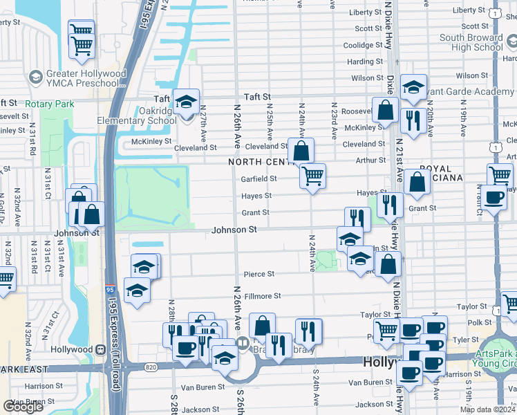 map of restaurants, bars, coffee shops, grocery stores, and more near 2525 Hayes Street in Hollywood