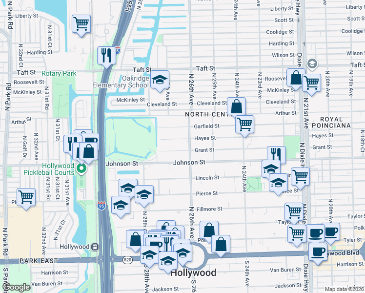 map of restaurants, bars, coffee shops, grocery stores, and more near 2617 Hayes Street in Hollywood