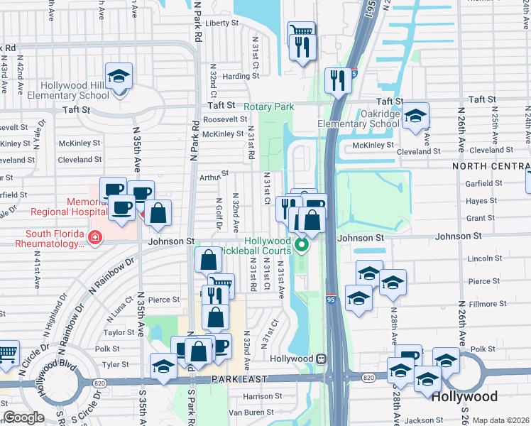map of restaurants, bars, coffee shops, grocery stores, and more near 1106 North 31st Avenue in Hollywood
