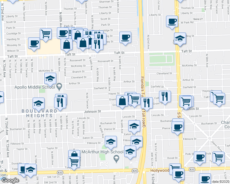 map of restaurants, bars, coffee shops, grocery stores, and more near 6441 Garfield Street in Hollywood