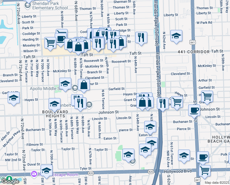map of restaurants, bars, coffee shops, grocery stores, and more near 6531 Garfield Street in Hollywood