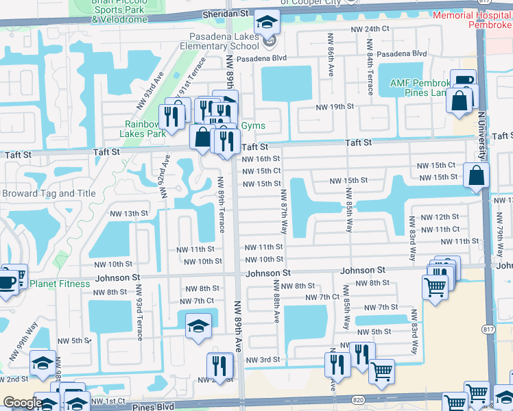 map of restaurants, bars, coffee shops, grocery stores, and more near 8861 Northwest 14th Street in Pembroke Pines