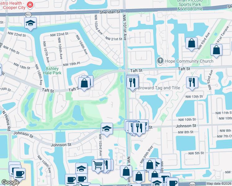 map of restaurants, bars, coffee shops, grocery stores, and more near 1400 Saint Charles Place in Pembroke Pines