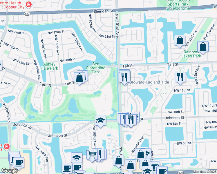 map of restaurants, bars, coffee shops, grocery stores, and more near 1400 Saint Charles Place in Pembroke Pines