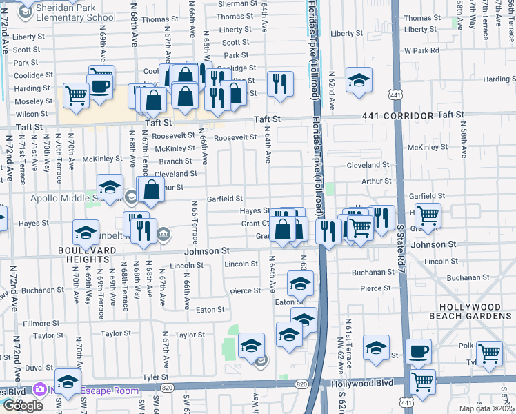 map of restaurants, bars, coffee shops, grocery stores, and more near 6441 Garfield Street in Hollywood