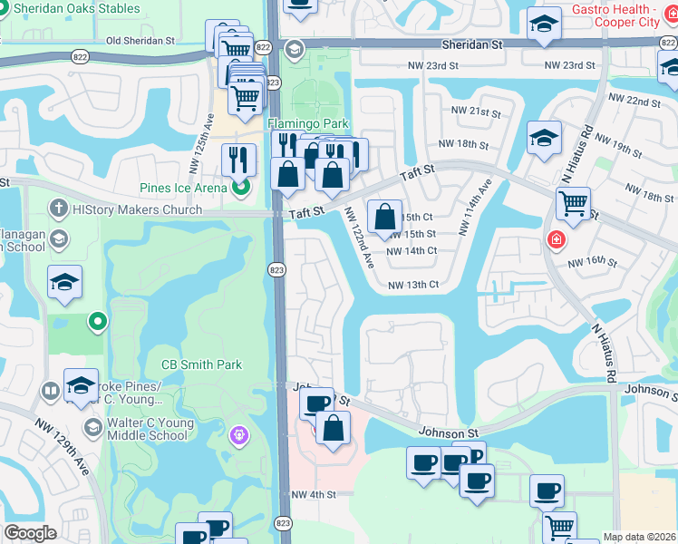 map of restaurants, bars, coffee shops, grocery stores, and more near 1401 Northwest 122nd Terrace in Pembroke Pines