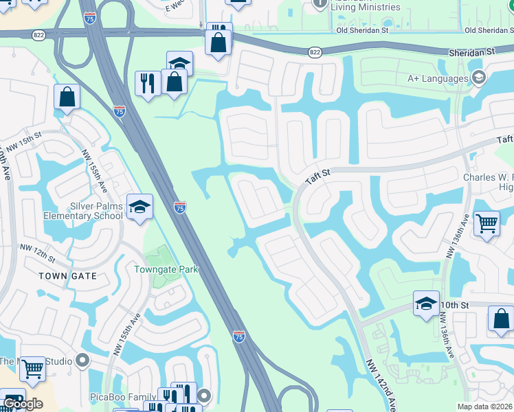 map of restaurants, bars, coffee shops, grocery stores, and more near 1657 Northwest 143rd Way in Pembroke Pines