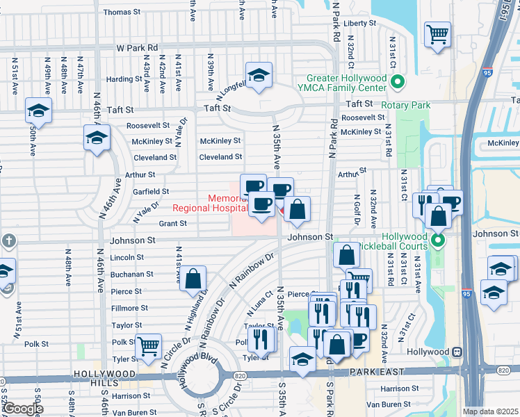 map of restaurants, bars, coffee shops, grocery stores, and more near 3501 Johnson Street in Hollywood
