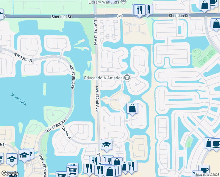 map of restaurants, bars, coffee shops, grocery stores, and more near 17058 Northwest 15th Street in Pembroke Pines