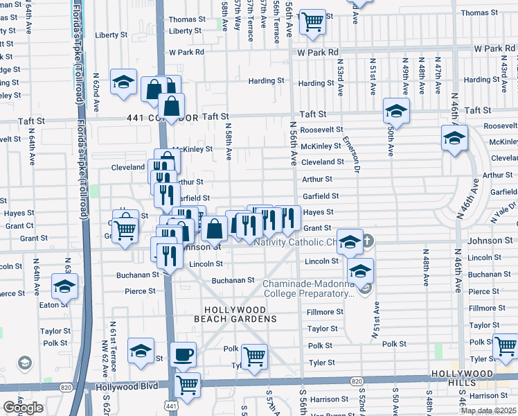 map of restaurants, bars, coffee shops, grocery stores, and more near 1142 North 57th Avenue in Hollywood