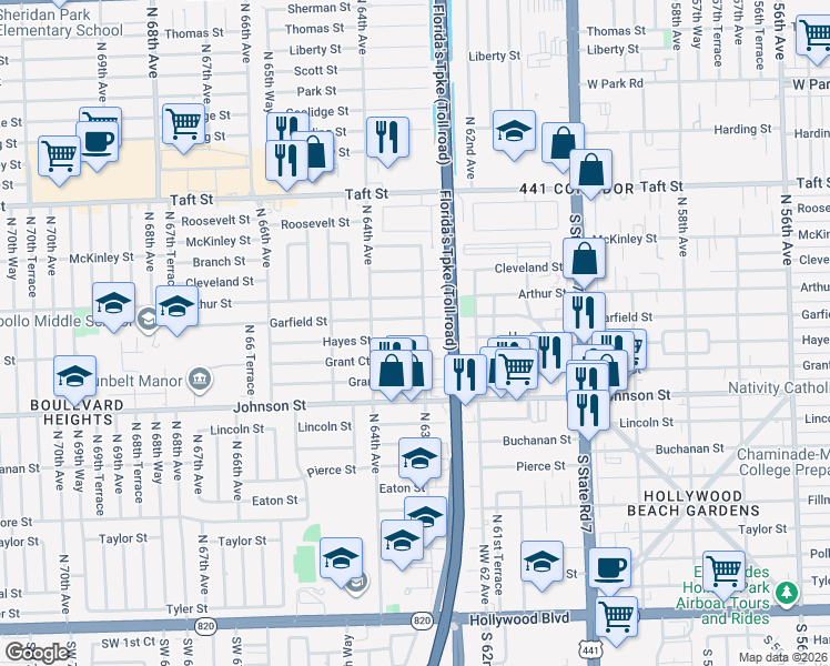 map of restaurants, bars, coffee shops, grocery stores, and more near 1203 North 63rd Avenue in Hollywood