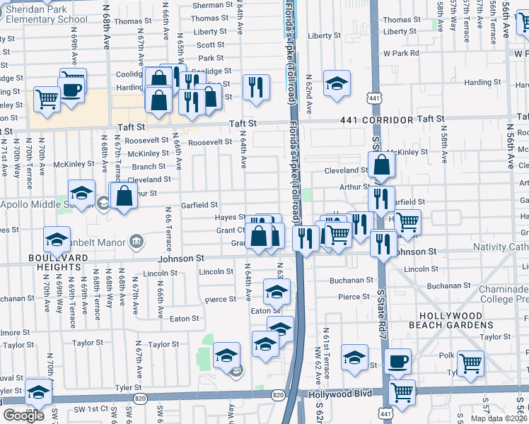 map of restaurants, bars, coffee shops, grocery stores, and more near 6329 Garfield Street in Hollywood