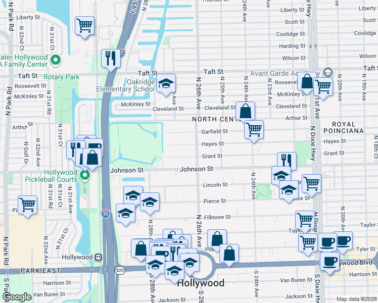map of restaurants, bars, coffee shops, grocery stores, and more near 2617 Hayes Street in Hollywood