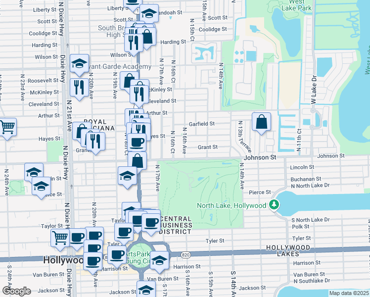 map of restaurants, bars, coffee shops, grocery stores, and more near 1031 North 16th Avenue in Hollywood