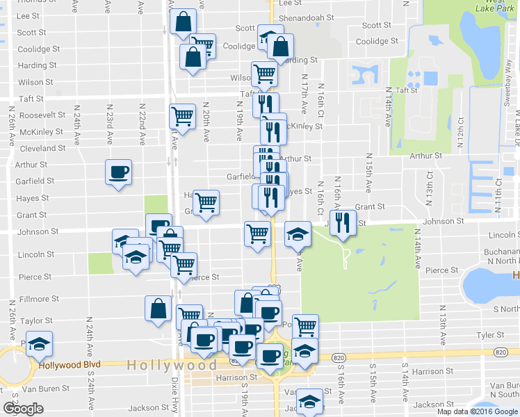 map of restaurants, bars, coffee shops, grocery stores, and more near 1050 South Federal Highway in Hollywood