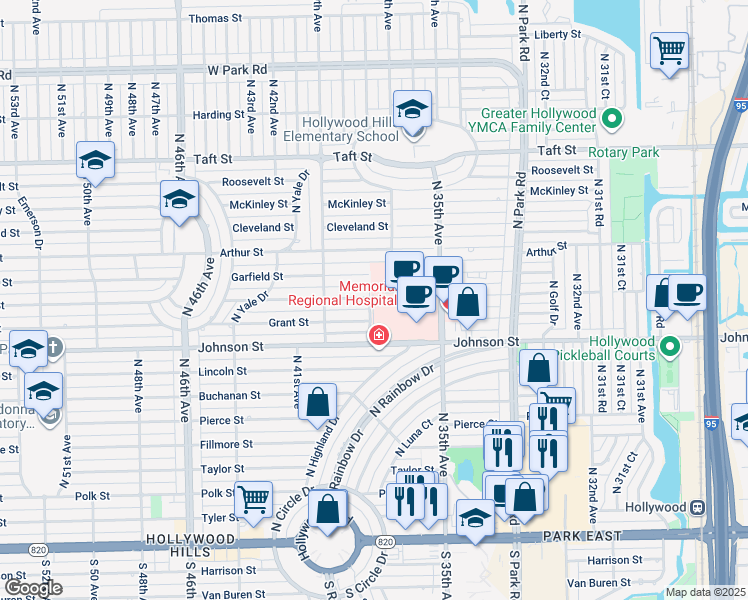 map of restaurants, bars, coffee shops, grocery stores, and more near 3501 Johnson Street in Hollywood