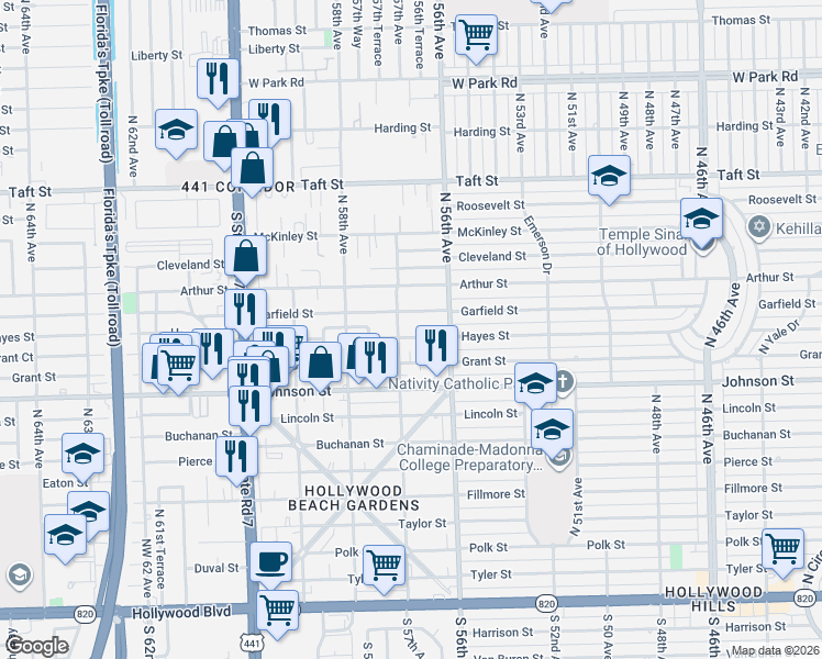 map of restaurants, bars, coffee shops, grocery stores, and more near 1142 North 57th Avenue in Hollywood