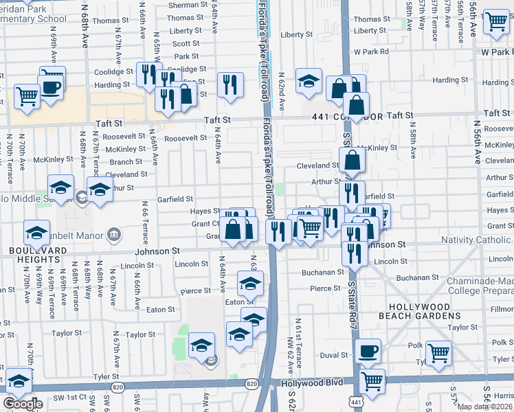 map of restaurants, bars, coffee shops, grocery stores, and more near 1203 North 63rd Avenue in Hollywood