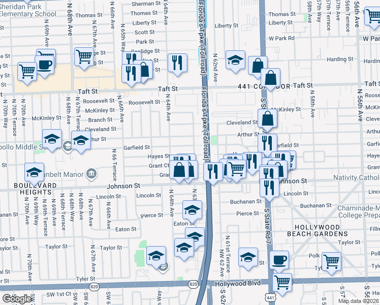 map of restaurants, bars, coffee shops, grocery stores, and more near 1203 North 63rd Avenue in Hollywood