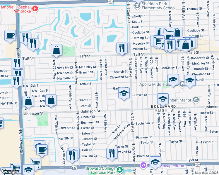 map of restaurants, bars, coffee shops, grocery stores, and more near 7381 Arthur Street in Hollywood