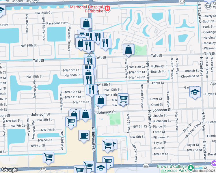 map of restaurants, bars, coffee shops, grocery stores, and more near 7861 Northwest 13th Street in Pembroke Pines