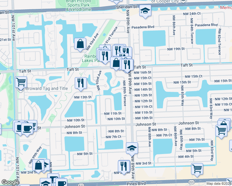map of restaurants, bars, coffee shops, grocery stores, and more near 8958 Palm Tree Lane in Pembroke Pines