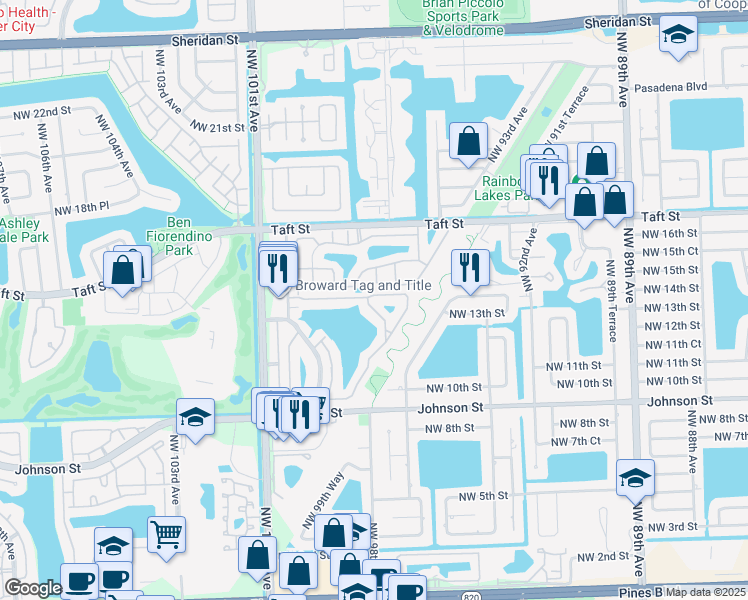map of restaurants, bars, coffee shops, grocery stores, and more near 1540 Northwest 97th Avenue in Pembroke Pines