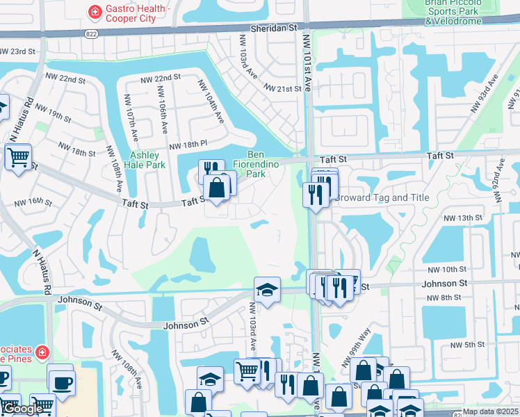 map of restaurants, bars, coffee shops, grocery stores, and more near 1470 Fairway Road in Pembroke Pines