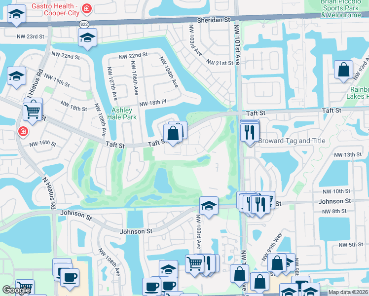 map of restaurants, bars, coffee shops, grocery stores, and more near 1551 Rue Vendome in Pembroke Pines