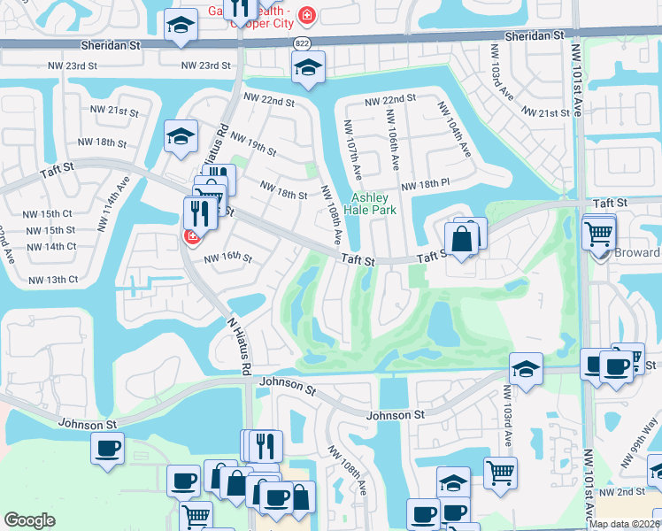 map of restaurants, bars, coffee shops, grocery stores, and more near 1701 Northwest 108th Avenue in Pembroke Pines