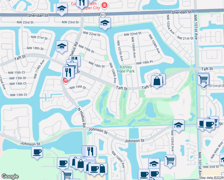 map of restaurants, bars, coffee shops, grocery stores, and more near 1701 Northwest 108th Avenue in Pembroke Pines
