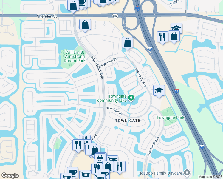 map of restaurants, bars, coffee shops, grocery stores, and more near 15977 Northwest 14th Court in Pembroke Pines