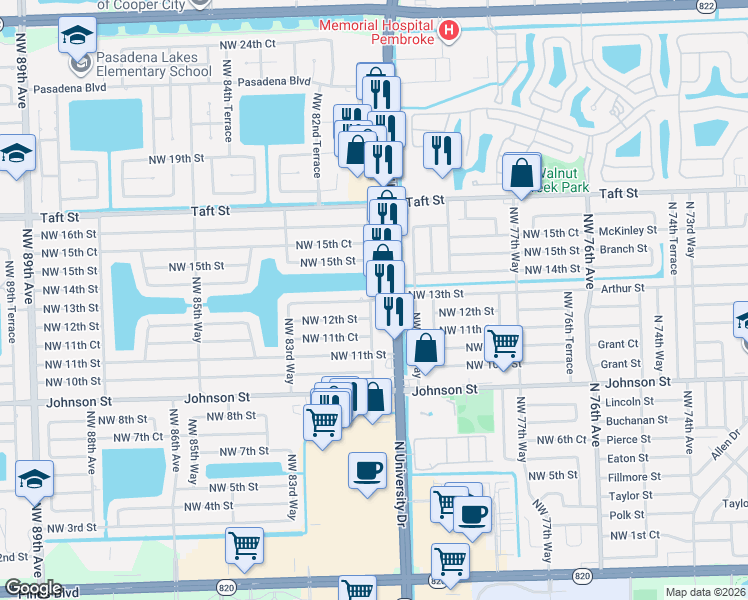 map of restaurants, bars, coffee shops, grocery stores, and more near 8111 Northwest 13th Street in Pembroke Pines