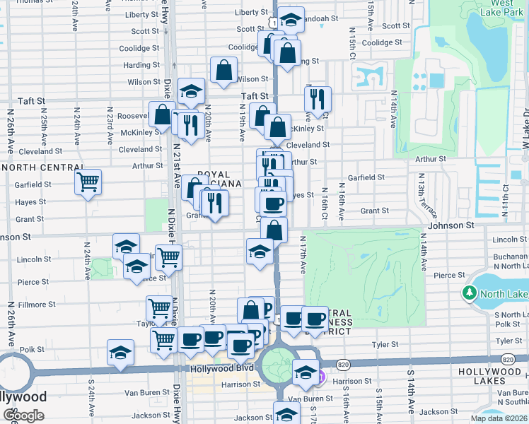 map of restaurants, bars, coffee shops, grocery stores, and more near 1050 South Federal Highway in Hollywood