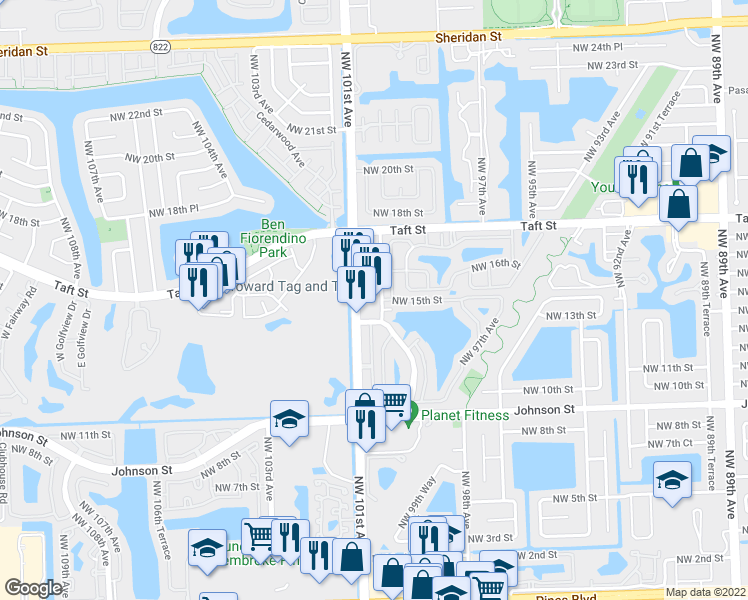 map of restaurants, bars, coffee shops, grocery stores, and more near 1431 North Palm Avenue in Pembroke Pines