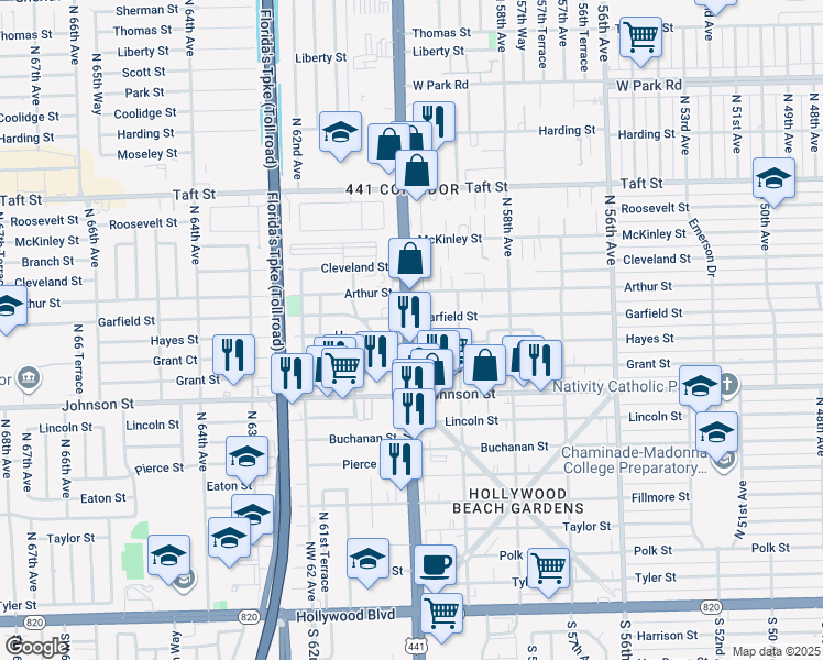 map of restaurants, bars, coffee shops, grocery stores, and more near 1201 Garfield Street in Hollywood
