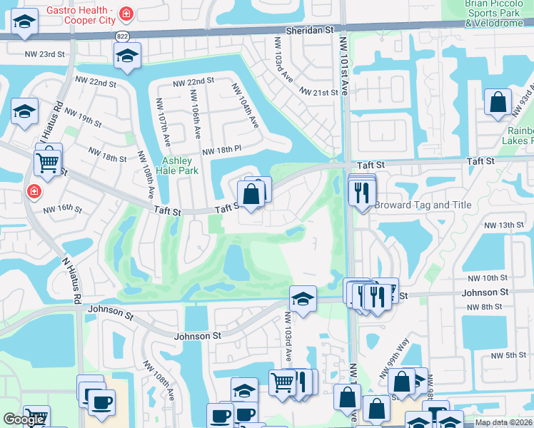 map of restaurants, bars, coffee shops, grocery stores, and more near 1551 Rue Vendome in Pembroke Pines